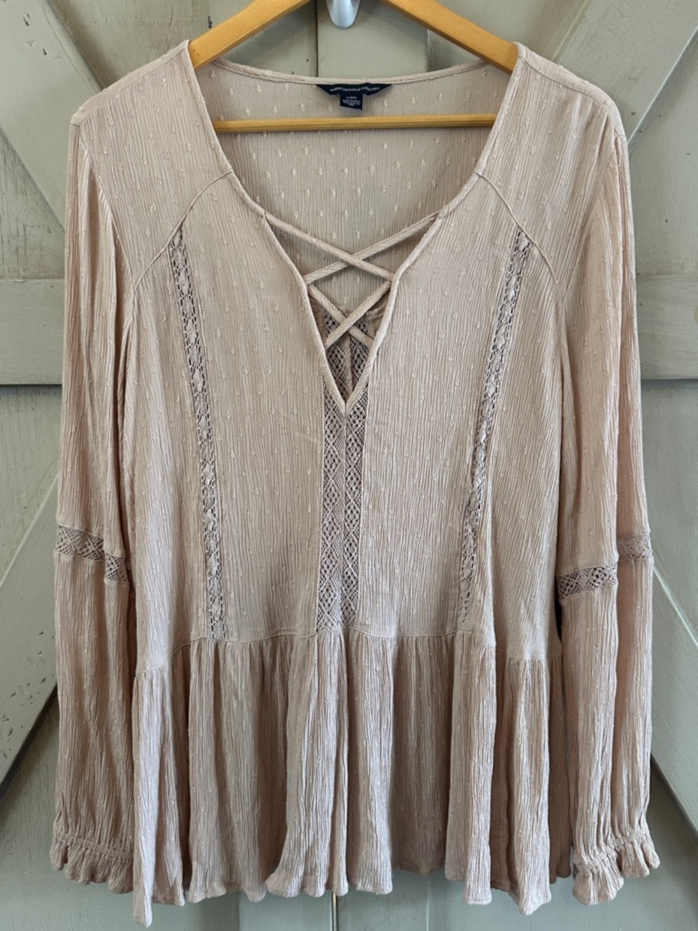 American Eagle Blush Pink Swiss Dot Lace-Up Boho Peplum Top Size Large